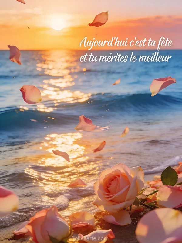 Texte Aujourd'hui c'est ta fête et tu mérites le meilleur en calligraphie blanche sur un coucher de soleil marin avec des pétales de rose