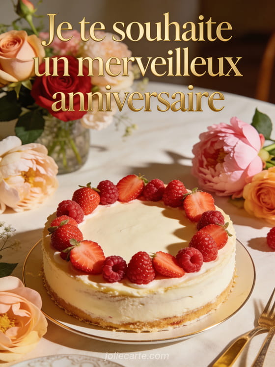 Texte Je te souhaite un merveilleux anniversaire en lettres dorées avec une table dressée un gâteau aux fruits rouges et des fleurs fraîches