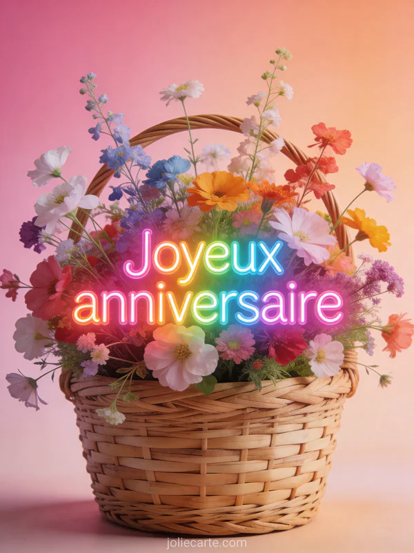 Texte Joyeux anniversaire en lettres lumineuses arc-en-ciel avec un bouquet de fleurs sauvages multicolores dans un panier tressé
