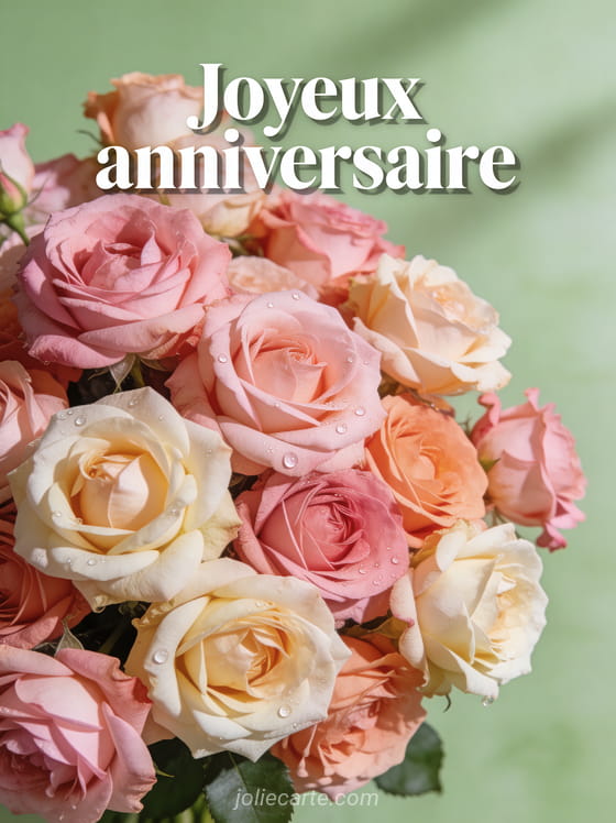 Texte Joyeux anniversaire en lettres blanches avec un immense bouquet de roses anciennes rose pêche et crème avec rosée sur fond vert tendre