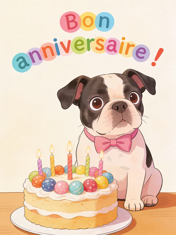Texte Bon anniversaire en lettres rondes colorées avec un bouledogue français portant un noeud papillon rose devant un gâteau décoré