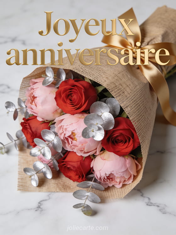 Texte Joyeux anniversaire en lettres dorées avec un bouquet de roses pivoines et eucalyptus en papier kraft et ruban satin sur fond marbre