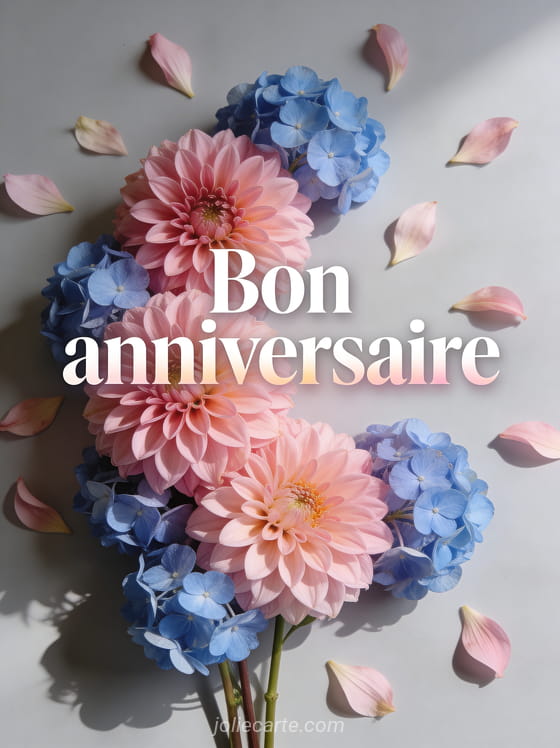 Texte Bon anniversaire en lettres blanches avec une composition de dahlias roses et hortensias bleus sur fond gris perle en lumière naturelle