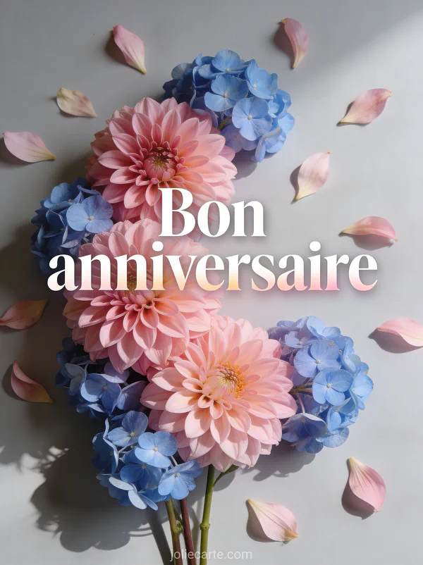 Texte Bon anniversaire en lettres blanches avec une composition de dahlias roses et hortensias bleus sur fond gris perle en lumière naturelle