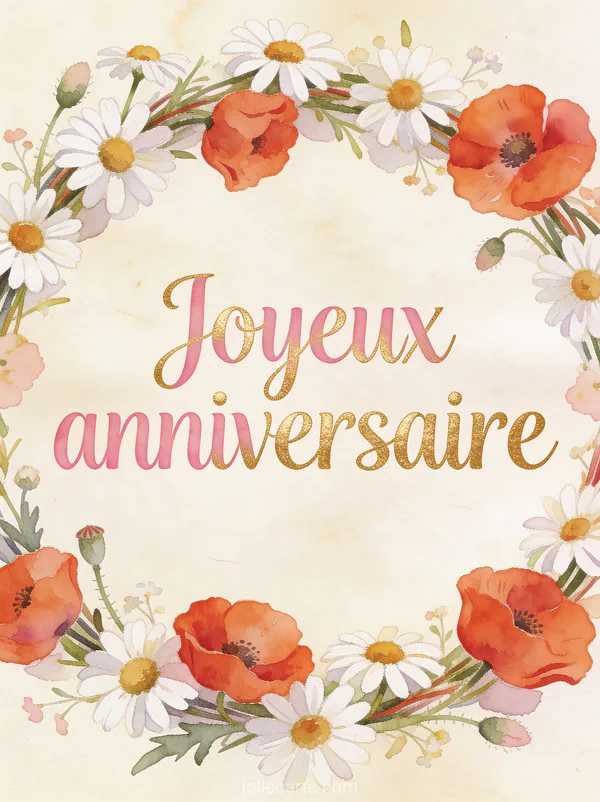 Texte Joyeux anniversaire en lettres aquarelle rose et or avec une couronne de marguerites et coquelicots sur fond crème texturé