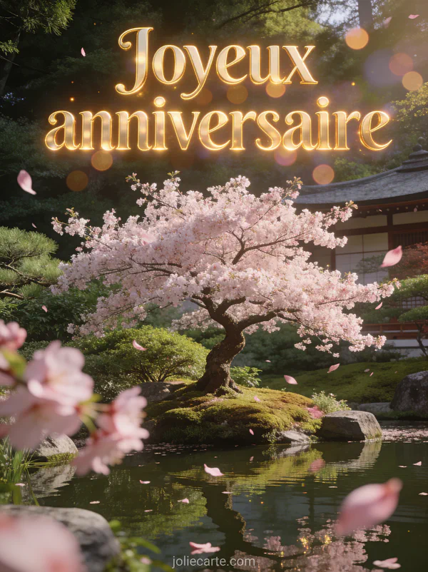 Texte Joyeux anniversaire en lettres dorées lumineuses avec un jardin japonais un cerisier en fleurs au bord d'un étang et des pétales volants