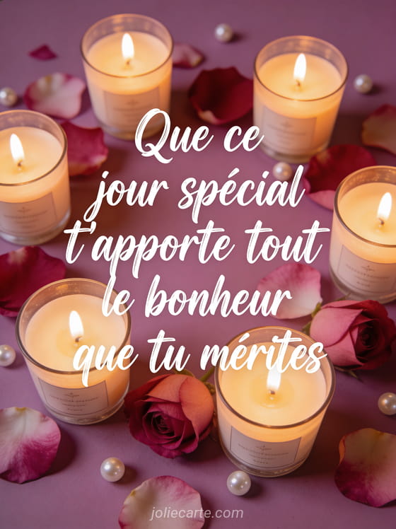 Texte Que ce jour spécial t'apporte tout le bonheur que tu mérites en calligraphie blanche sur fond mauve avec des bougies et pétales de rose