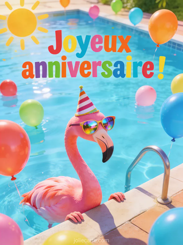 Texte Joyeux anniversaire en lettres multicolores avec un flamant rose portant des lunettes de soleil et un chapeau de fête au bord d'une piscine