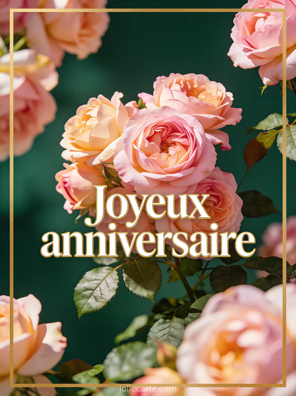Texte Joyeux anniversaire en lettres blanches avec bordure dorée et des roses anglaises David Austin rose pâle et abricot sur fond vert émeraude