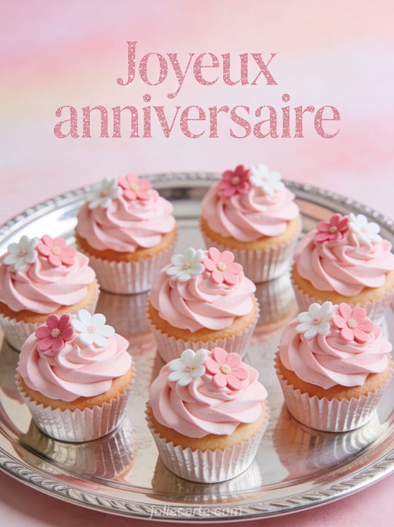 Texte Joyeux anniversaire en lettres rose poudré pailletées avec des cupcakes décorés de crème rose et fleurs comestibles sur un plateau argenté
