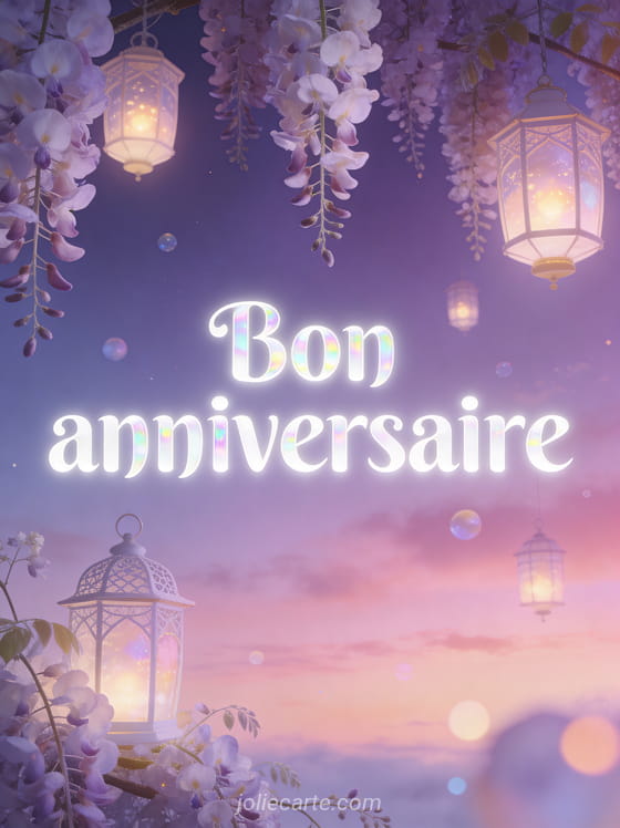 Texte Bon anniversaire en lettres blanches lumineuses avec des lanternes flottantes et des fleurs de glycine en cascade dans un ciel crépusculaire