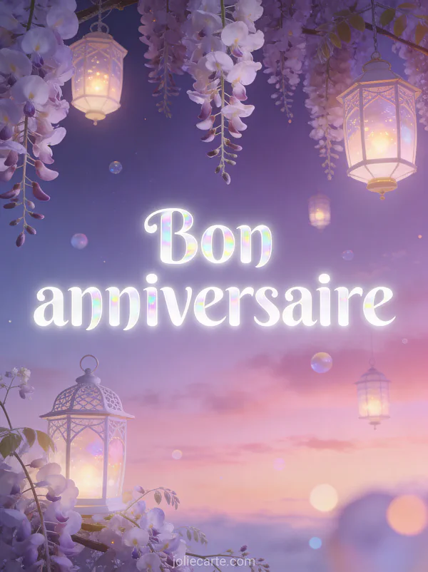 Texte Bon anniversaire en lettres blanches lumineuses avec des lanternes flottantes et des fleurs de glycine en cascade dans un ciel crépusculaire