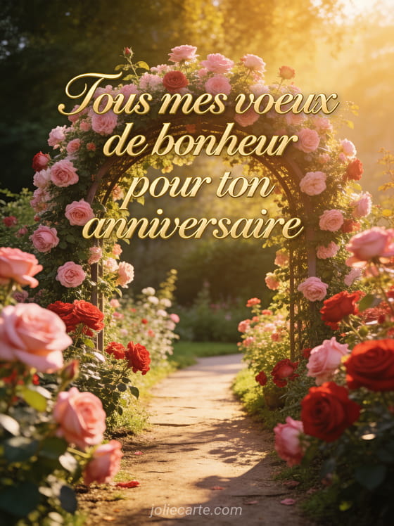 Texte Tous mes voeux de bonheur pour ton anniversaire en calligraphie dorée avec une allée de rosiers en fleurs et une arche fleurie