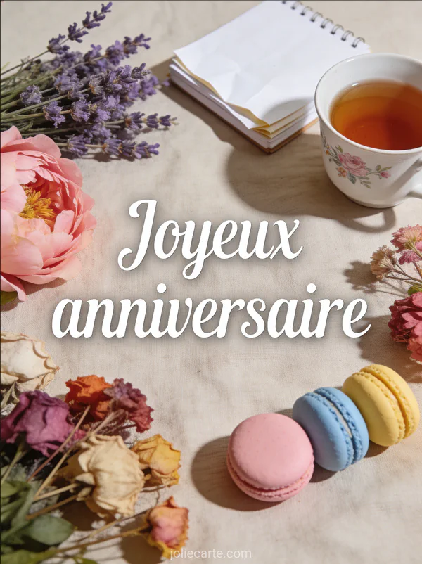 Texte Joyeux anniversaire en lettres manuscrites blanches avec une flat lay de fleurs séchées un carnet une tasse de thé et des macarons pastel