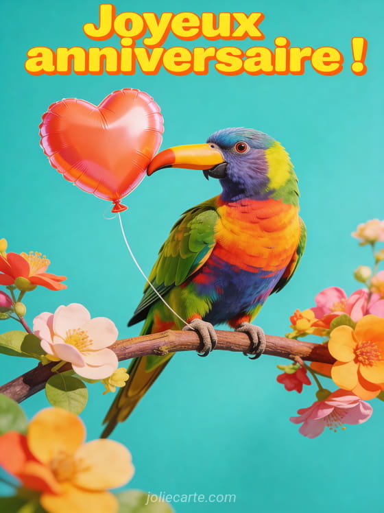 Texte Joyeux anniversaire en lettres jaunes et orangées avec un perroquet tropical tenant un ballon coeur perché sur une branche fleurie