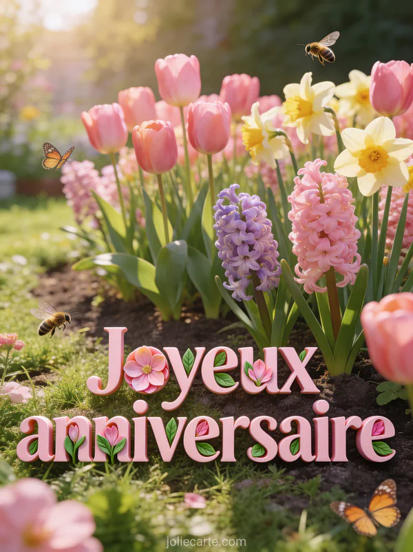 Texte Joyeux anniversaire en lettres rose tendre avec des tulipes narcisses et jacinthes dans un jardin ensoleillé avec des papillons
