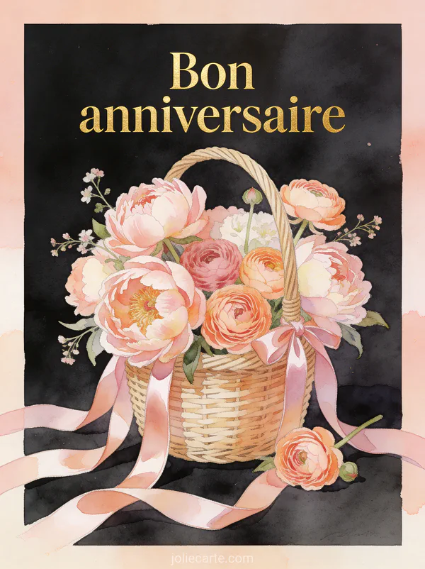 Texte Bon anniversaire en lettres dorées sur fond aquarelle blush et pêche avec un panier en osier de pivoines et renoncules