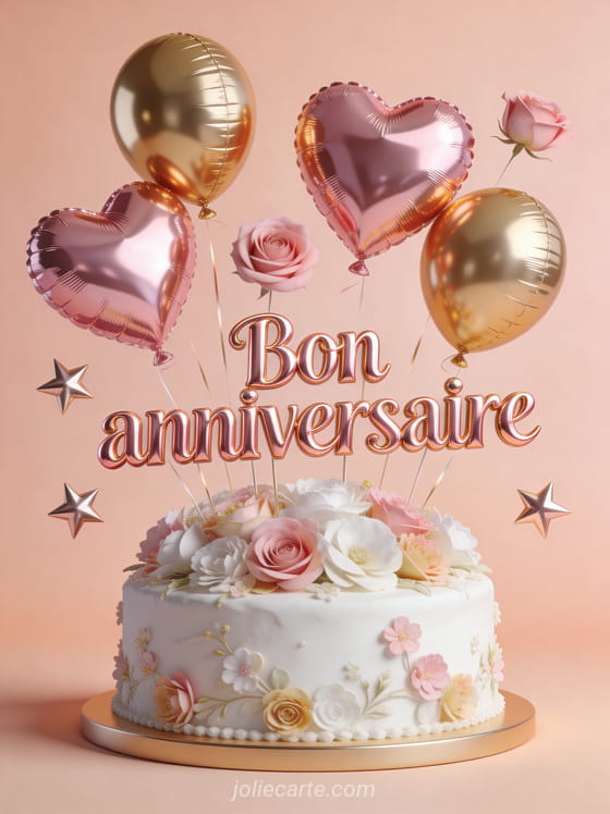 Texte Bon anniversaire en lettres rose gold métallique avec des ballons dorés et roses un gâteau blanc décoré de fleurs en 3D render