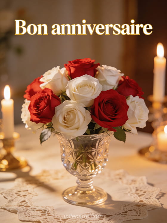 Texte Bon anniversaire en lettres blanches avec contour doré et des roses rouges et blanches dans un vase en cristal sur nappe en dentelle