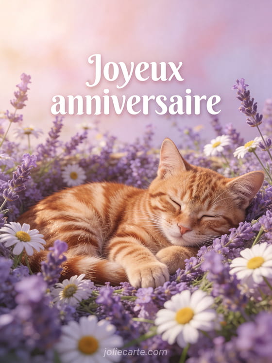 Texte Joyeux anniversaire en lettres blanches sur fond pastel avec un chat tigré roux endormi dans un lit de lavande et camomille