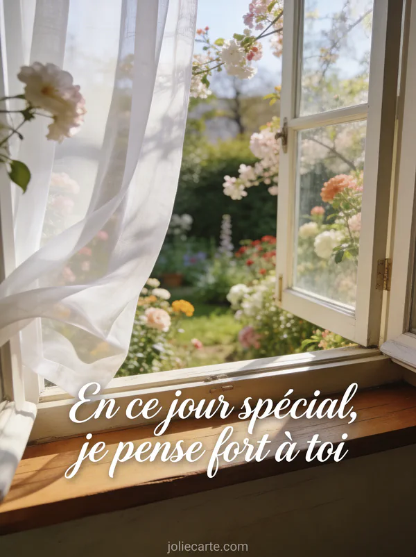 Texte En ce jour spécial je pense fort à toi en calligraphie blanche avec une fenêtre ouverte sur un jardin fleuri et des rideaux en voile blanc