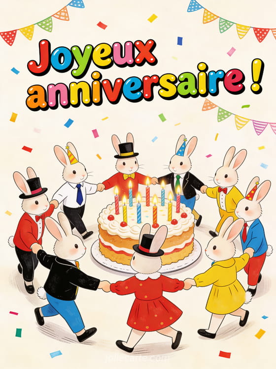 Texte Joyeux anniversaire en lettres colorées et rebondies avec des lapins en costume de fête faisant la conga autour d'un gâteau géant