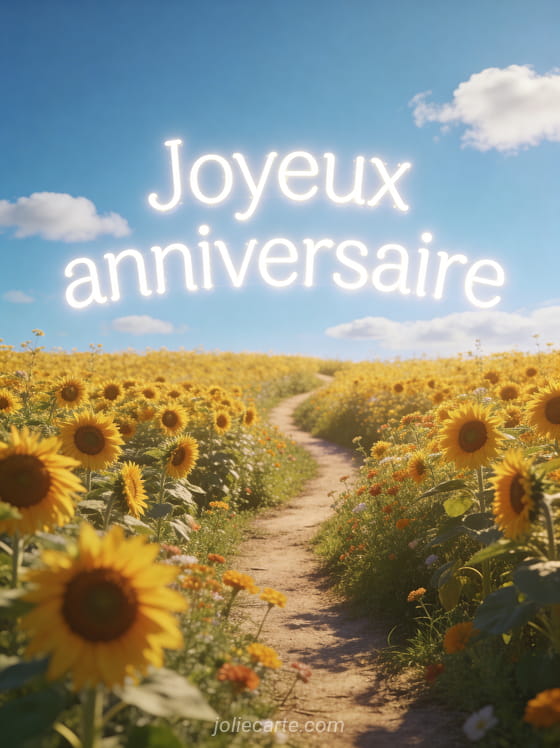 Texte Joyeux anniversaire en lettres blanches lumineuses sur un champ de tournesols sous un ciel bleu avec un sentier serpentant entre les fleurs
