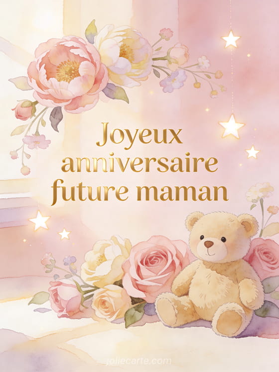 Texte Joyeux anniversaire future maman en lettres dorées avec des fleurs pastel un petit ours en peluche et des étoiles en tons rose et crème