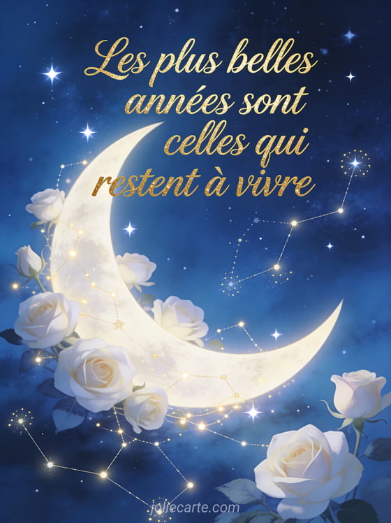 Texte Les plus belles années sont celles qui restent à vivre en calligraphie dorée sur ciel bleu nuit étoilé avec une lune et des roses blanches