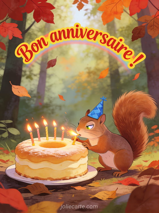 Texte Bon anniversaire en lettres fantaisie rouges et jaunes avec un écureuil portant un chapeau de fête devant un gâteau en forêt automnale