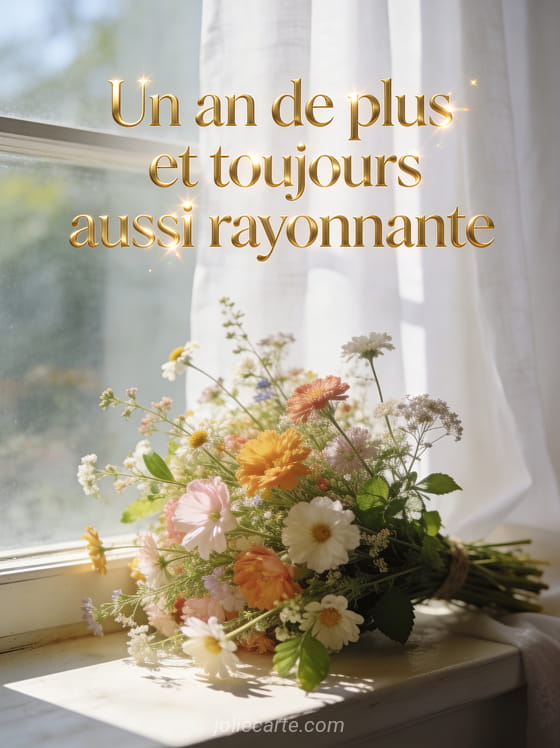 Texte Un an de plus et toujours aussi rayonnante en lettres dorées avec un bouquet de fleurs des champs sur un rebord de fenêtre ensoleillé