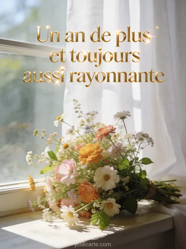 Texte Un an de plus et toujours aussi rayonnante en lettres dorées avec un bouquet de fleurs des champs sur un rebord de fenêtre ensoleillé