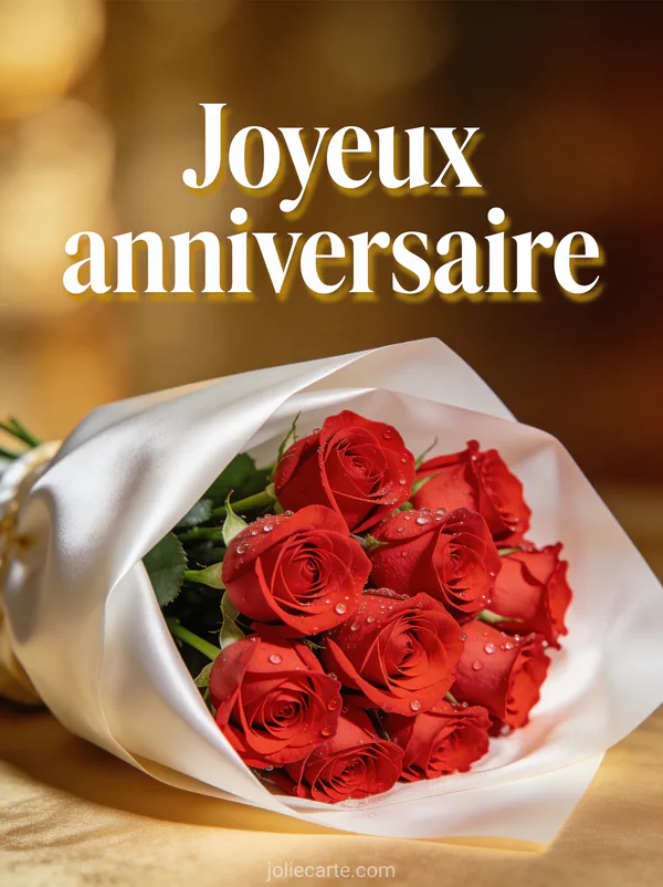 Texte Joyeux anniversaire en lettres blanches avec ombre dorée et un somptueux bouquet de roses rouges avec des gouttes de rosée en papier de soie