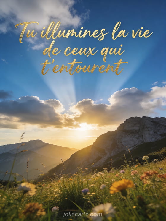 Texte Tu illumines la vie de ceux qui t'entourent en calligraphie dorée sur un paysage de montagne au lever du soleil avec des prairies fleuries