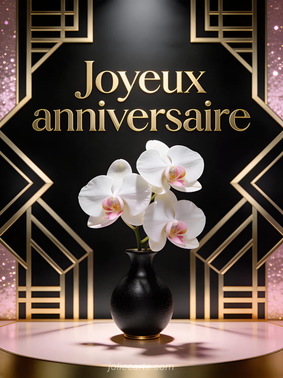 Texte Joyeux anniversaire en lettres dorées Art Déco avec des orchidées blanches dans un vase noir sur fond noir et or ambiance glamour