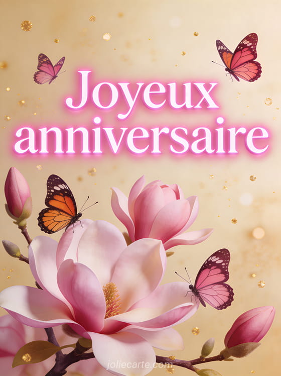 Texte Joyeux anniversaire en lettres rose fuchsia lumineuses avec des papillons monarques et des fleurs de magnolia sur fond crème doré