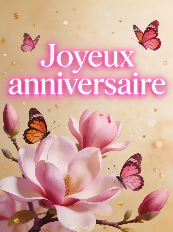 Texte Joyeux anniversaire en lettres rose fuchsia lumineuses avec des papillons monarques et des fleurs de magnolia sur fond crème doré