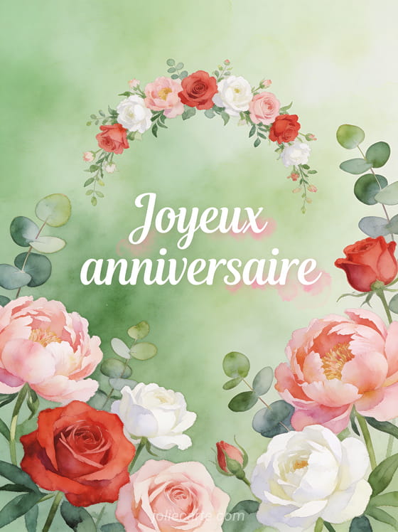Texte Joyeux anniversaire en lettres blanches avec une guirlande de pivoines roses et feuilles d'eucalyptus sur fond vert d'eau