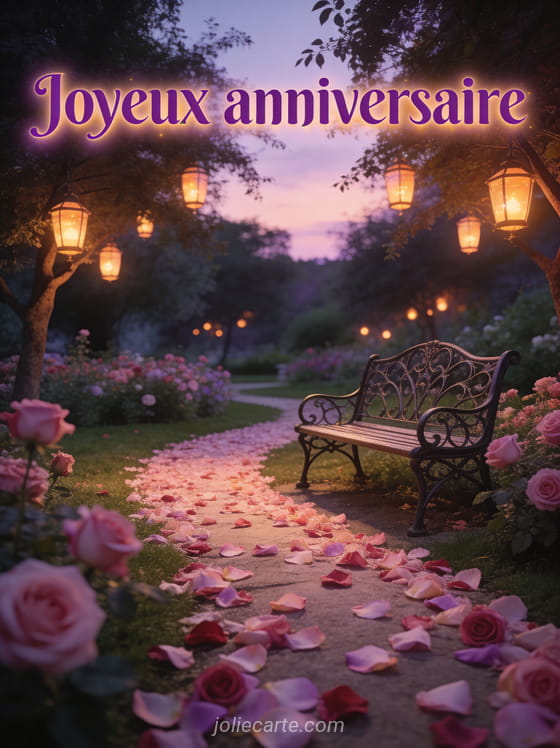 Texte Joyeux anniversaire en lettres violettes avec un chemin de pétales de rose menant à un banc en fer forgé dans un parc fleuri au crépuscule