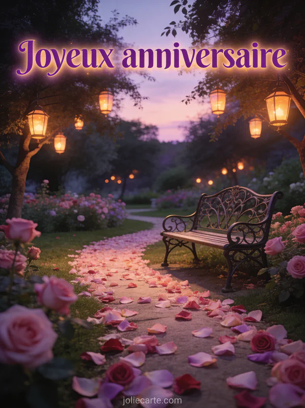 Texte Joyeux anniversaire en lettres violettes avec un chemin de pétales de rose menant à un banc en fer forgé dans un parc fleuri au crépuscule
