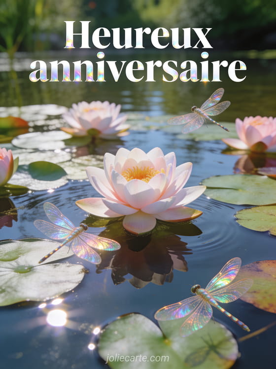 Texte Heureux anniversaire en lettres blanches nacrées avec un étang de nénuphars en fleur et des libellules iridescentes en lumière douce
