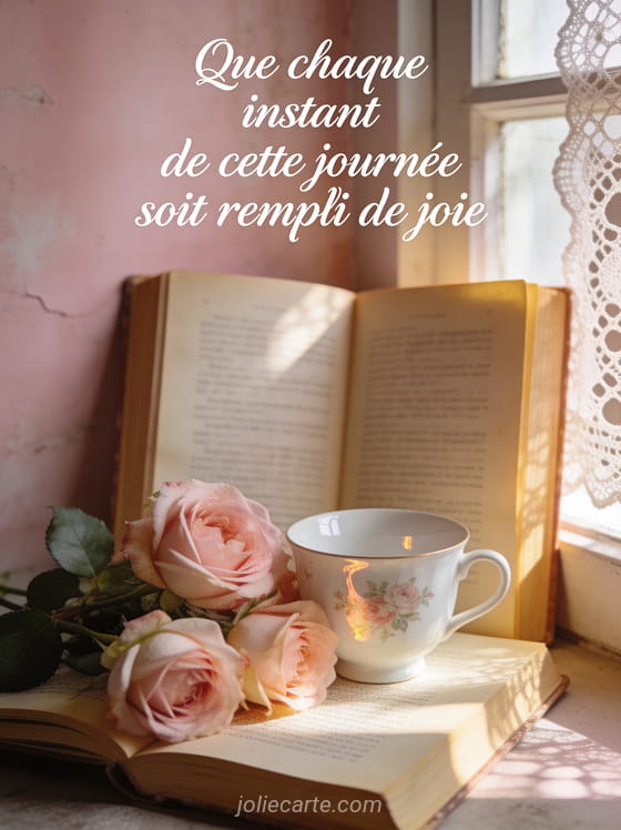 Texte Que chaque instant de cette journée soit rempli de joie en calligraphie blanche sur fond rose ancien avec des roses anglaises et une tasse