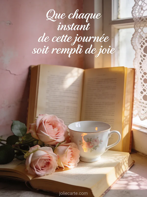 Texte Que chaque instant de cette journée soit rempli de joie en calligraphie blanche sur fond rose ancien avec des roses anglaises et une tasse