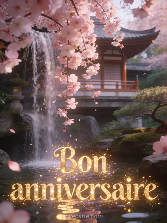 Texte Bon anniversaire en lettres dorées scintillantes avec des fleurs de cerisier tombant devant un temple de jardin japonais