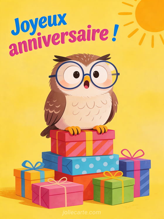 Texte Joyeux anniversaire en lettres bleues et roses avec un hibou à grandes lunettes rondes assis sur une pile de cadeaux colorés