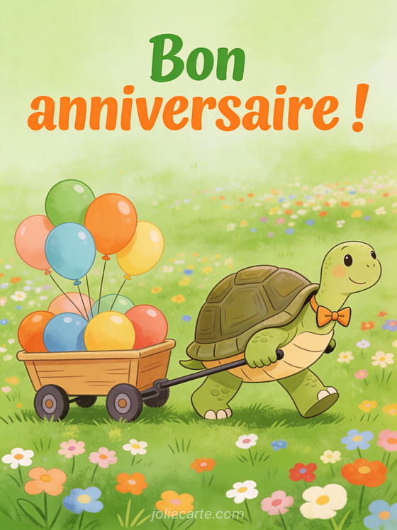Texte Bon anniversaire en lettres vertes et orangées avec une tortue portant un noeud papillon poussant un chariot de ballons colorés