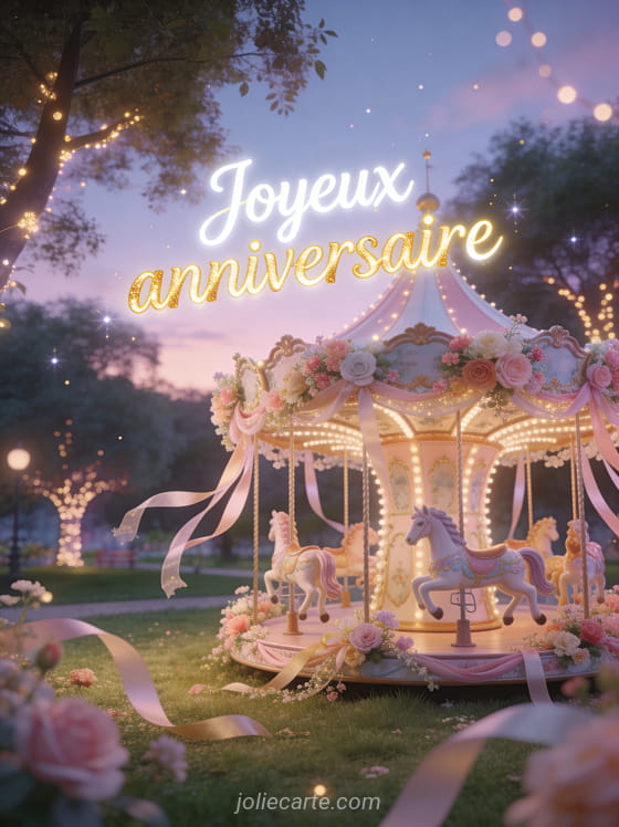 Texte Joyeux anniversaire en lettres blanches et or avec un carrousel enchanteur décoré de fleurs et rubans pastel au crépuscule