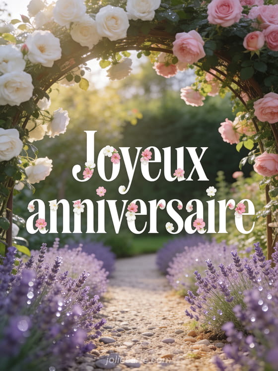 Texte Joyeux anniversaire en lettres blanches avec des fleurs intégrées et un jardin romantique avec arche de roses grimpantes et lavande