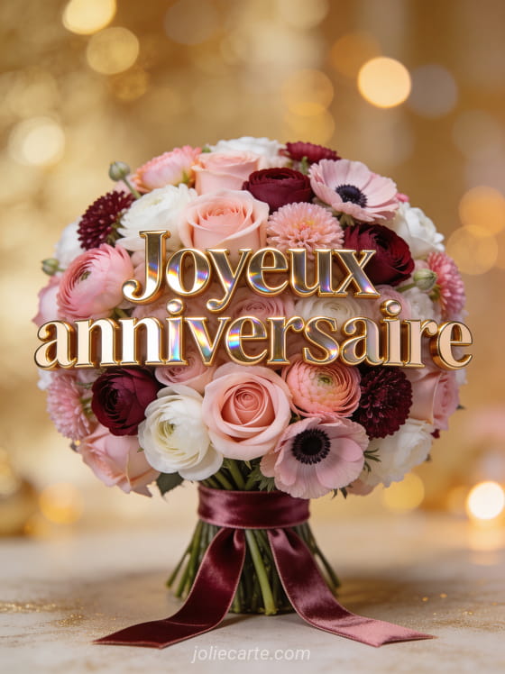 Texte Joyeux anniversaire en lettres dorées en relief avec un bouquet rond de roses renoncules et anémones tenu par un ruban de velours