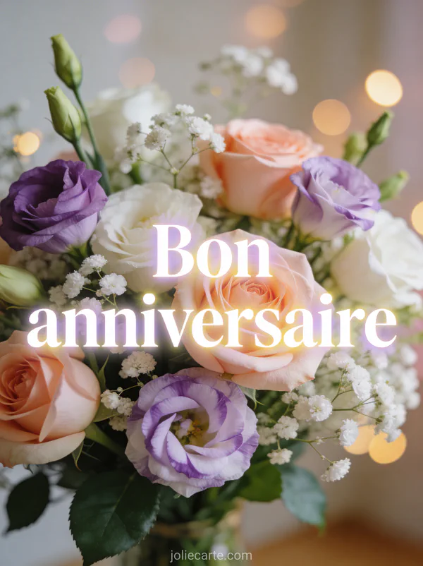 Texte Bon anniversaire en lettres blanches avec un close-up de bouquet de roses lisianthus et gypsophile en profondeur de champ courte